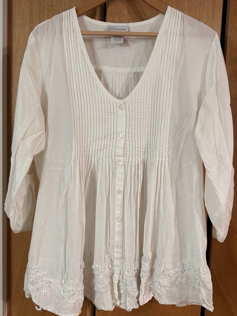 Soft Surroundings White Pintuck Button-Front Tunic with Beaded Hem